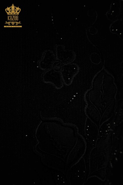 Toptan Kadın Yelek Çiçek Nakışlı Siyah - 30628 | KAZEE - Thumbnail