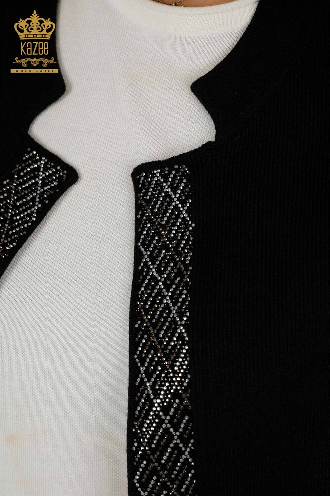 Toptan Kadın Yelek Kristal Taş İşlemeli Siyah - 30609 | KAZEE - 4
