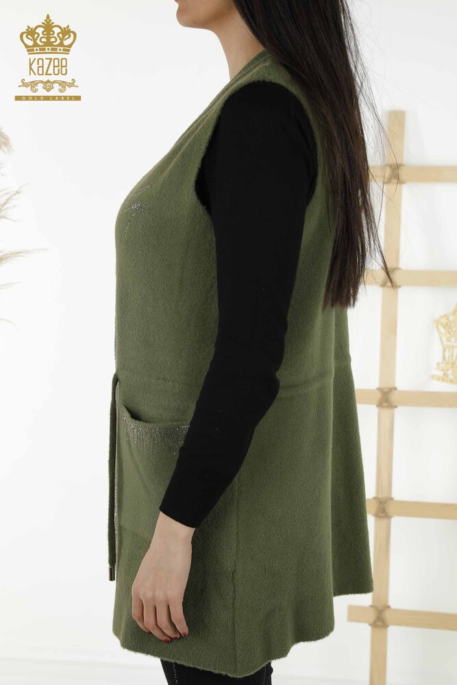 Toptan Kadın Yelek Taş İşlemeli İpli Haki - 30244 | KAZEE - 7