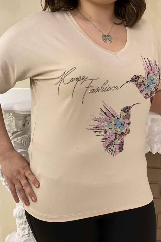 Toptan Kadın Bluz Kuş Figürlü Renkli Taş İşlemeli - 77508 | Kazee