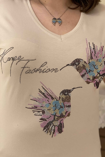 Toptan Kadın Bluz Kuş Figürlü Renkli Taş İşlemeli - 77508 | Kazee - Thumbnail