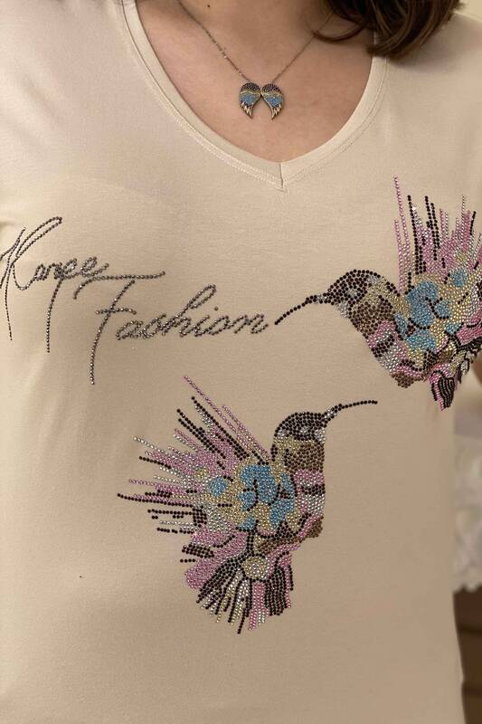 Toptan Kadın Bluz Kuş Figürlü Renkli Taş İşlemeli - 77508 | Kazee