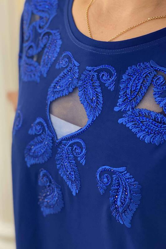 Toptan Kadın Bluz Ön Kısmı Tül Taş Detaylı Yarasa Kol - 77638 | Kazee
