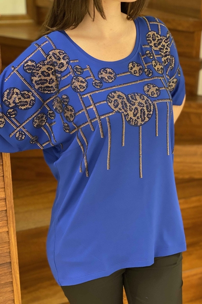 Toptan Kadın Bluz Yarasa Kol Renkli Taşlı - 77504 | Kazee - Thumbnail