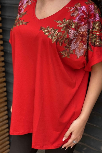 Toptan Kadın Bluz Çiçek Taş İşlemeli Yarasa Kol - 77712 | Kazee - Thumbnail