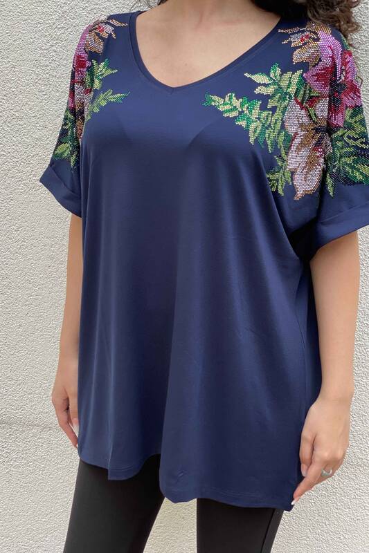 Toptan Kadın Bluz Çiçek Taş İşlemeli Yarasa Kol - 77712 | Kazee