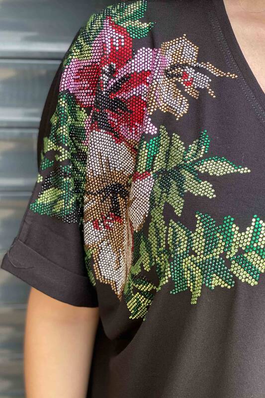 Toptan Kadın Bluz Çiçek Taş İşlemeli Yarasa Kol - 77712 | Kazee