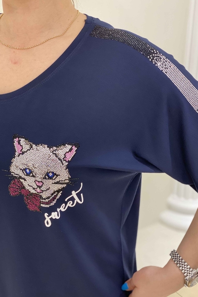 Toptan Kadın Bluz Kedi Baskı Detaylı Taşlı - 77551 | Kazee - Thumbnail