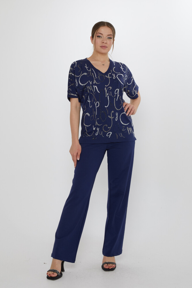 Tracksuit Set - Lettering Stone Embellished - Navy Blue - 17906 | KAZEE (3-Piece Set M-L-XL) - 1