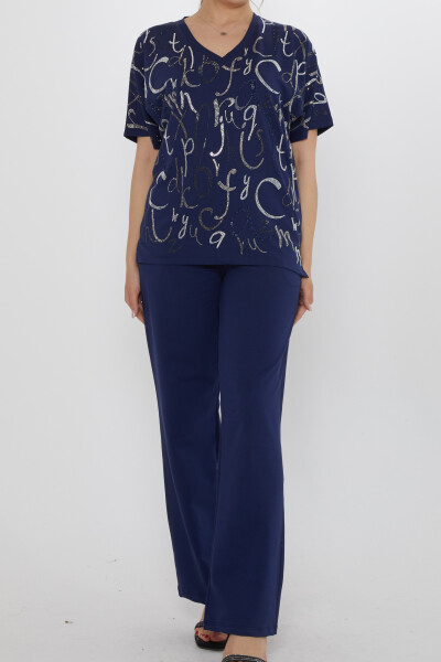 Tracksuit Set - Lettering Stone Embellished - Navy Blue - 17906 | KAZEE (3-Piece Set M-L-XL) - 3