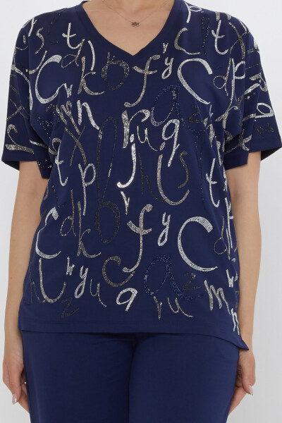 Tracksuit Set - Lettering Stone Embellished - Navy Blue - 17906 | KAZEE (3-Piece Set M-L-XL) - 4