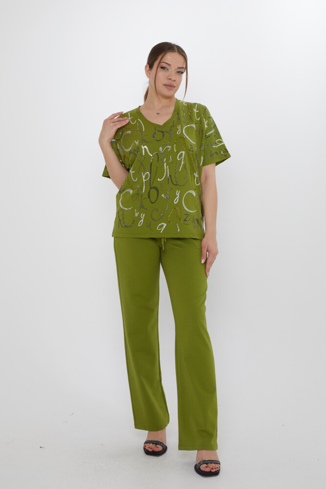 Tracksuit Set - Letter Embellished with Stones - Green - 17906 | KAZEE (3-Piece Set M-L-XL) - 1