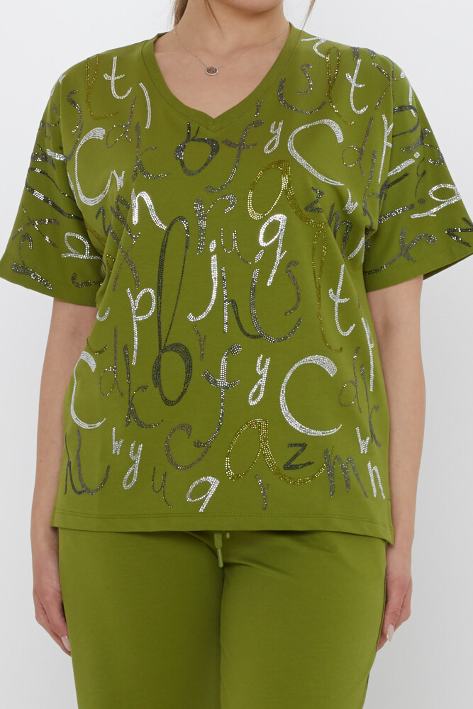 Tracksuit Set - Letter Embellished with Stones - Green - 17906 | KAZEE (3-Piece Set M-L-XL) - 3
