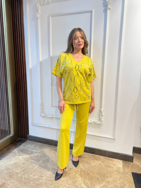 Tracksuit Set - Lettering Stone Embellished - Yellow - 17906 | KAZEE (3-Piece Set M-L-XL) - 2