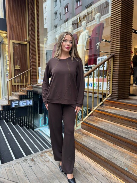 Tracksuit Set - Stone Embellished - Brown - 17761 | KAZEE (3-Piece Set M-L-XL) 