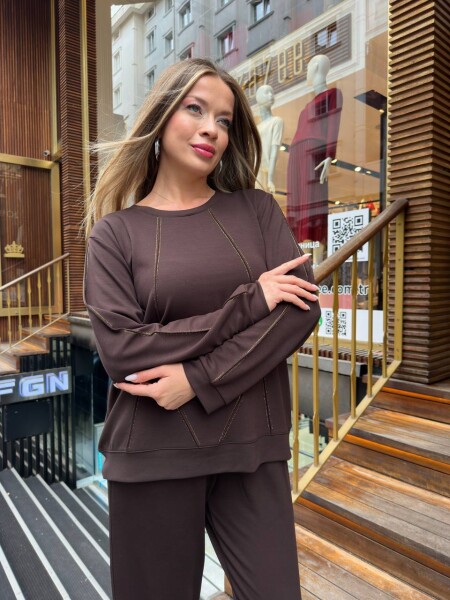 Tracksuit Set - Stone Embellished - Brown - 17761 | KAZEE (3-Piece Set M-L-XL) - 4