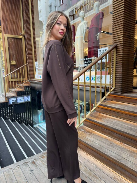 Tracksuit Set - Stone Embellished - Brown - 17761 | KAZEE (3-Piece Set M-L-XL) - 6