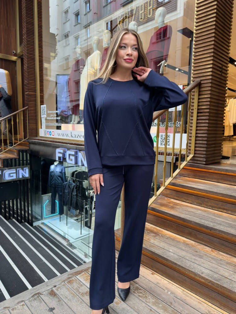 Tracksuit Set - Stone Embellished - Navy Blue - 17761 | KAZEE (3-Piece Set M-L-XL) - 3