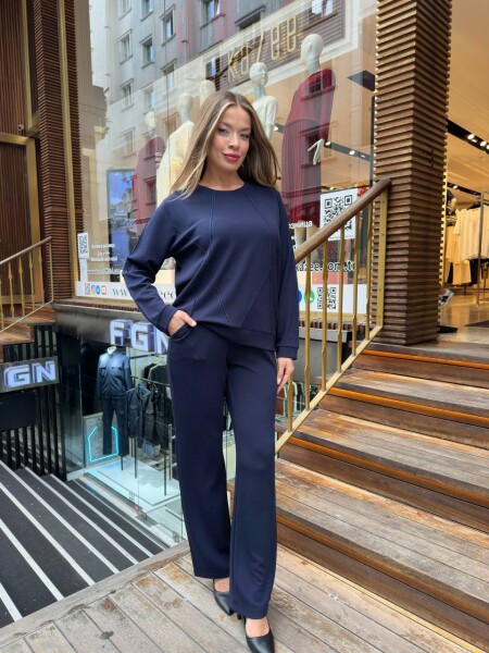 Tracksuit Set - Stone Embellished - Navy Blue - 17761 | KAZEE (3-Piece Set M-L-XL) 