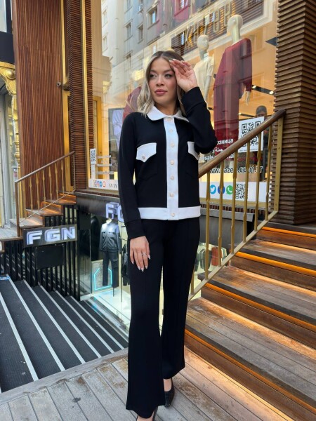 Tracksuit Set Button Detail Black-White - 17977 | KAZEE (3-Piece Set M-L-XL) - KAZEE (1)