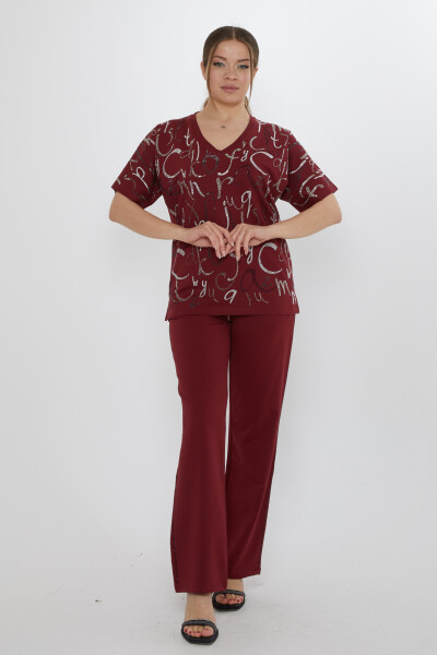 Tracksuit Set with Letter Embellishment, Burgundy - 17906 | KAZEE (3-Piece Set M-L-XL) - 1
