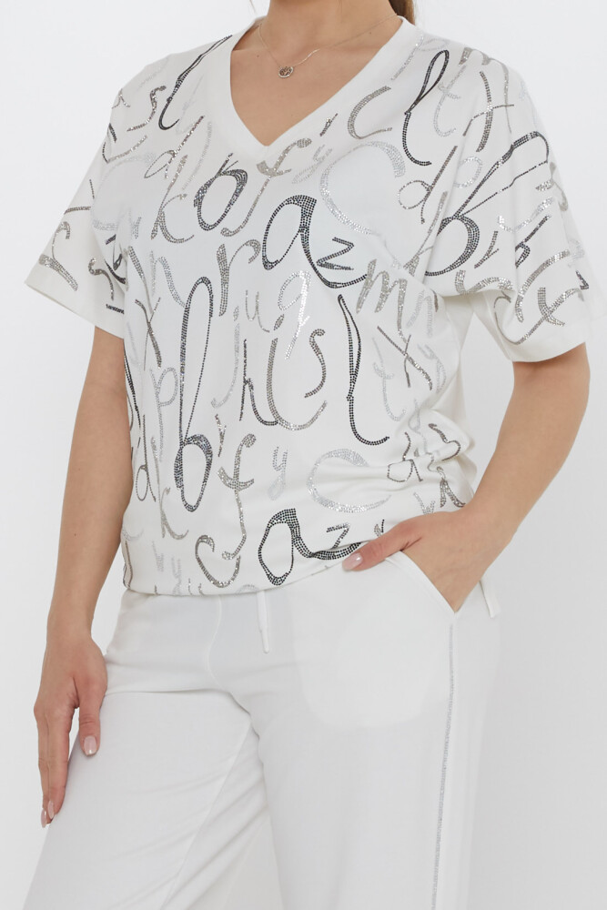 Tracksuit Set with Letter Embellishment, Ecru - 17906 | KAZEE (3-Piece Set M-L-XL) - 4