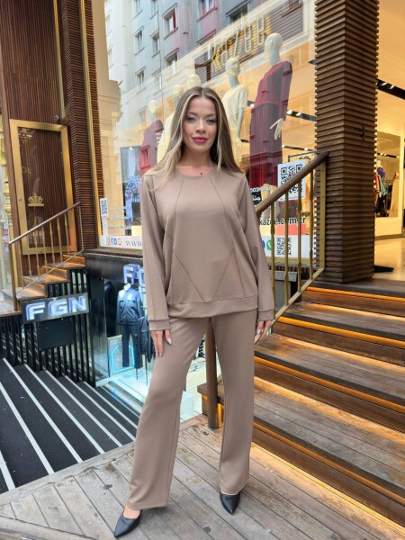 Tracksuit Set - Stone Embellished - Dark Beige - 17761 | KAZEE (3-Piece Set M-L-XL) - KAZEE