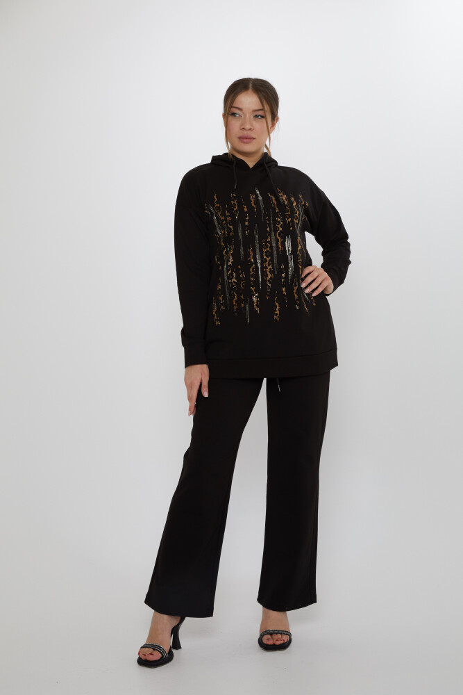 Trainingsanzug-Set mit Leoparden-Steinstickerei in Schwarz – 17901 | KAZEE (3er-Set M-L-XL) - 1