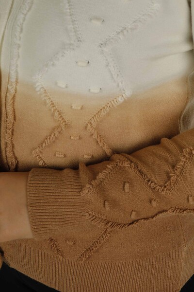 Cardigan en tricot boutonné à manches longues et col rond Camel - 30782 | KAZÉE - 6