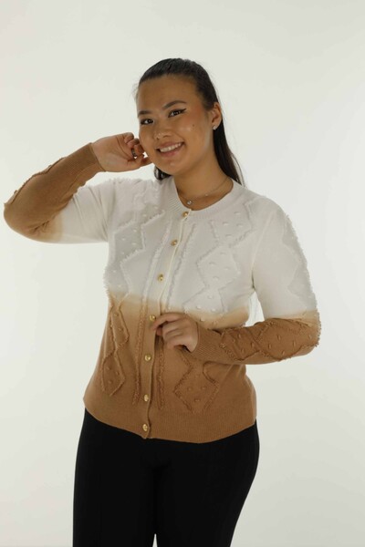 Cardigan en tricot boutonné à manches longues et col rond Camel - 30782 | KAZÉE - 1