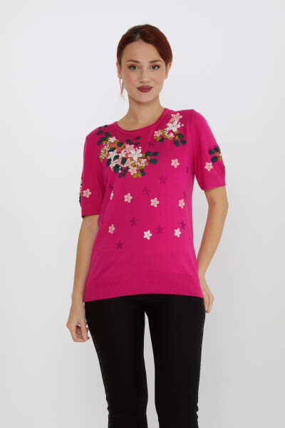 Pull en Maille Pierre Brodée Floral Fuchsia - 16761 | KAZEE (Lot de 4 L-XL-2XL-3XL) - 1