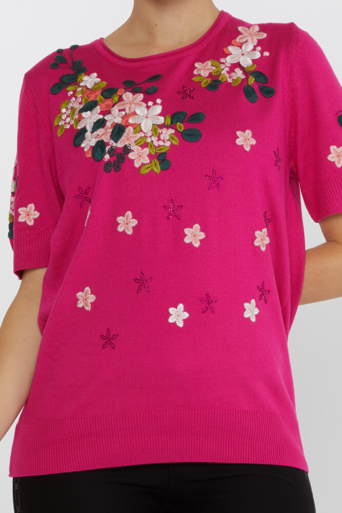 Pull en Maille Pierre Brodée Floral Fuchsia - 16761 | KAZEE (Lot de 4 L-XL-2XL-3XL) - 2