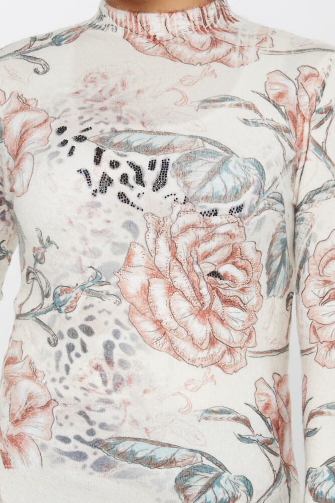 Tricotaje Angora Cu Motive Florale Pietre Brodate Ecru - 50001 | KAZEE (Set de 2 S-M) - 2