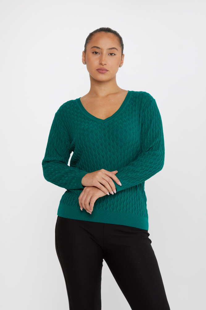 Tricotaj Pulover Auto-Model Decolteu în V Verde - 31247 | KAZEE (Set de 3 M-L-XL) - 2