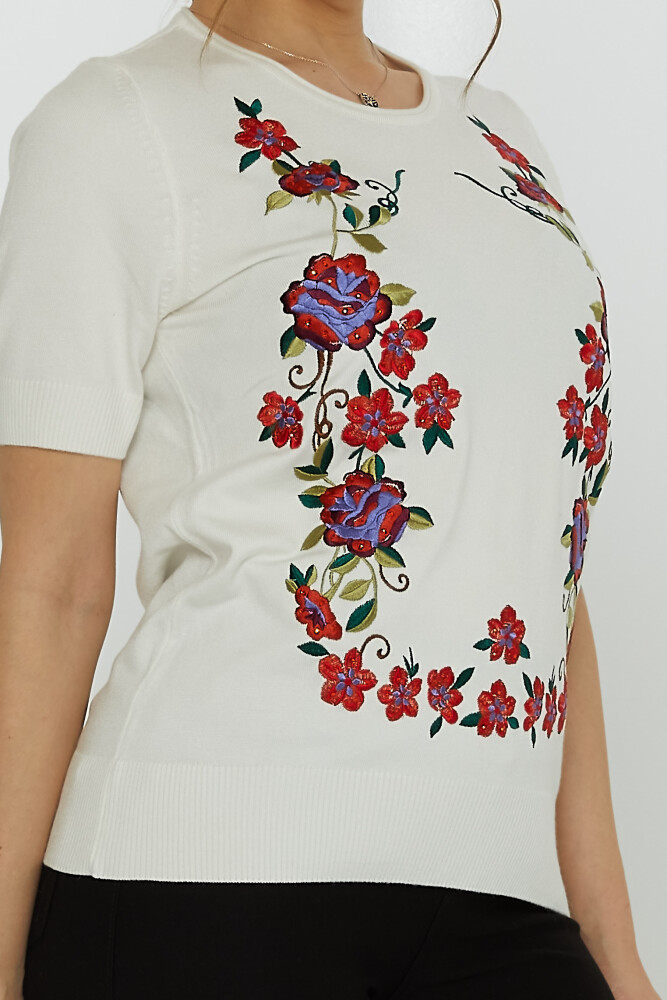 Tricotaj Pulover Floral Brodat Vert - 31728 | KAZEE (pulover tricotat din 3 piese, brodat floral, cu piatra brodata Ecru - 31728 | KAZEE (Set 3 piese L-XL-2XL) - 4