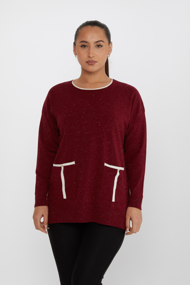 Tricotaj Pulover Buzunar Detaliat Stoned Glittery Claret Red - 31390 | KAZEE (Set de 3 XL-2XL-3XL) - 1