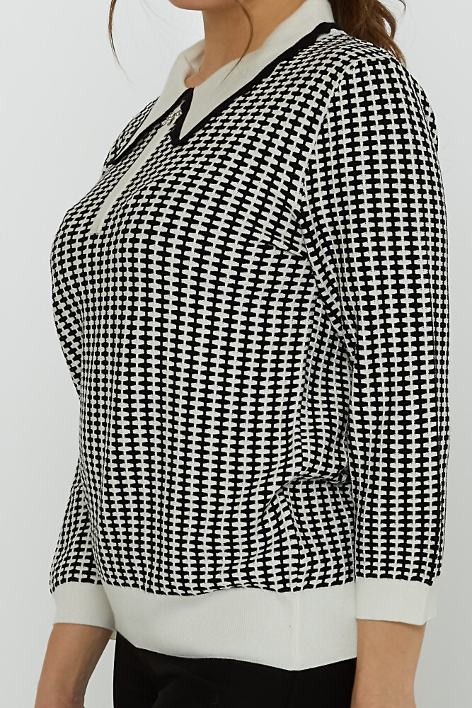 Tricotaj Pulover șorț Guler Houndstooth Model Stoned Ecru-Negru - 31570 | KAZEE (Set de 3 XL-2XL-3XL) - 4
