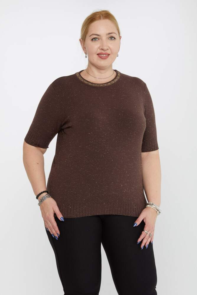 Tricoturi Guler pulover Detaliu cu sclipici Maneca scurta Maro - 31610 | KAZEE (Set de 3 XL-2XL-3XL) - 1