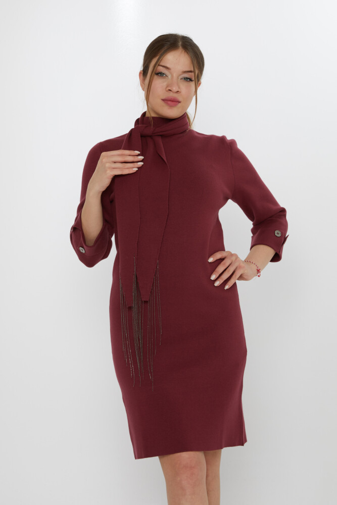 Triko Elbise Atkı Detaylı Bordo - 30968 | KAZEE (3'lü Set S-M-L) - 2