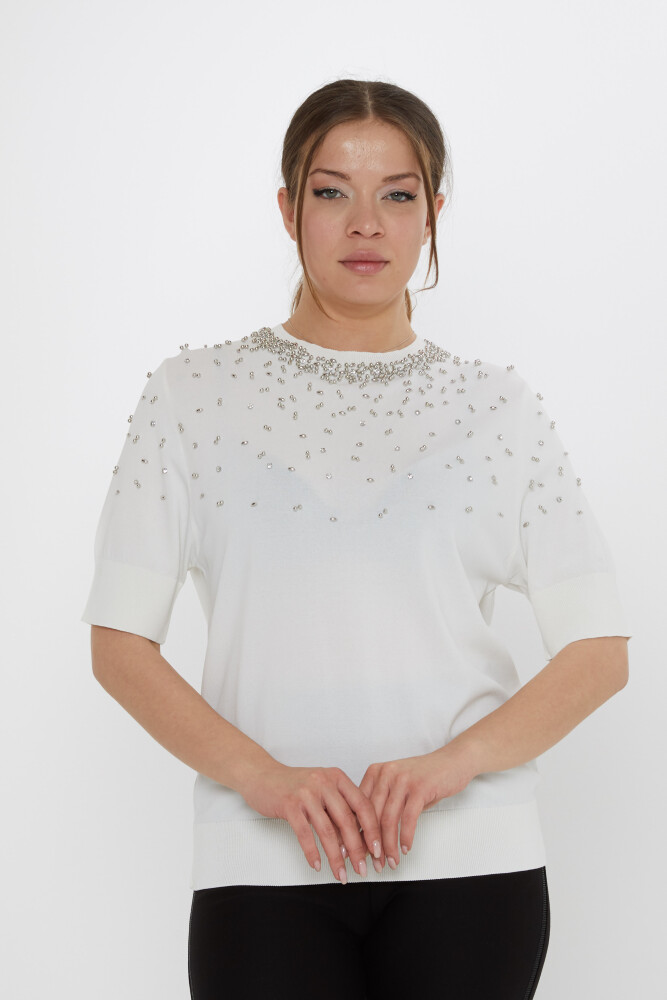 Triko Kazak Boncuk İşlemeli Ekru - 31805 | KAZEE (3'lü Set S-M-L) - 1