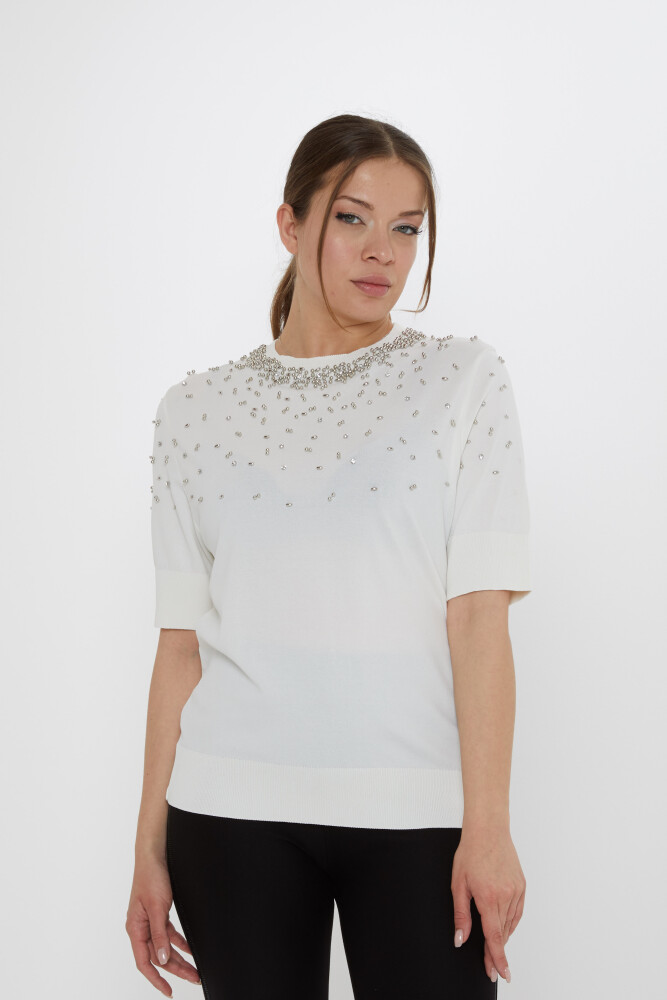 Triko Kazak Boncuk İşlemeli Ekru - 31805 | KAZEE (3'lü Set S-M-L) - 2