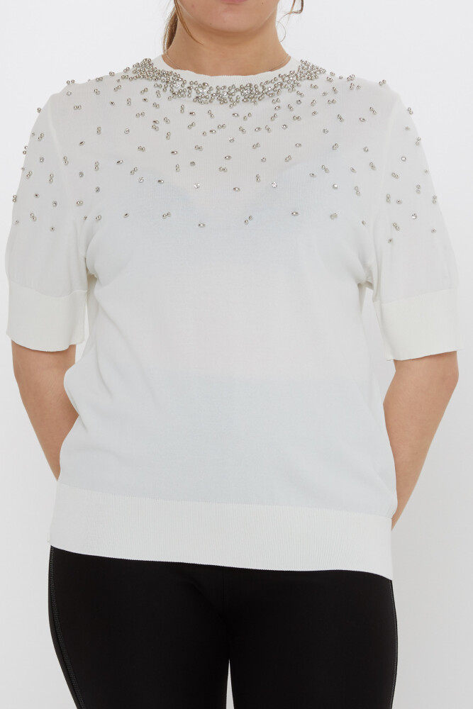 Triko Kazak Boncuk İşlemeli Ekru - 31805 | KAZEE (3'lü Set S-M-L) - 3