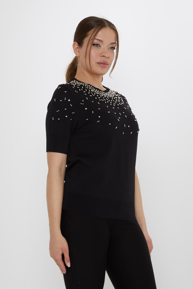 Triko Kazak Boncuk İşlemeli Siyah - 31805 | KAZEE (3'lü Set S-M-L) - 2