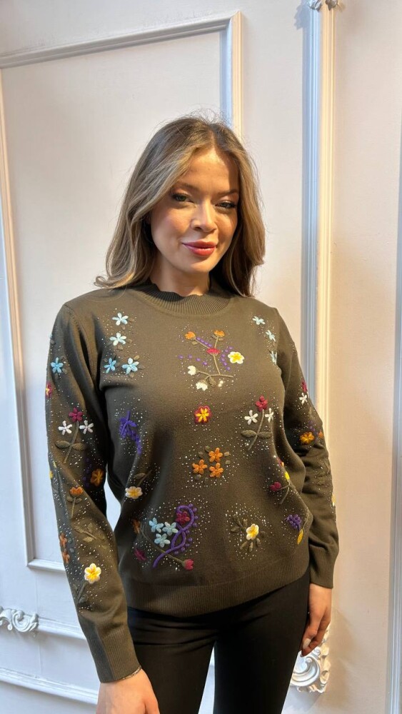 Triko Kazak Çiçek Desenli Haki - 32168 | KAZEE (3'lü Set L-XL-2XL) - 2