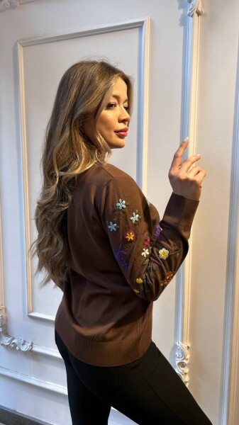 Triko Kazak Çiçek Desenli Kahve - 32168 | KAZEE (3'lü Set L-XL-2XL) - 4
