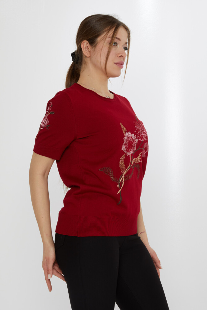 Triko Kazak Çiçek Nakışlı Bordo - 31725 | KAZEE (3'lü Set L-XL-2XL) - 2
