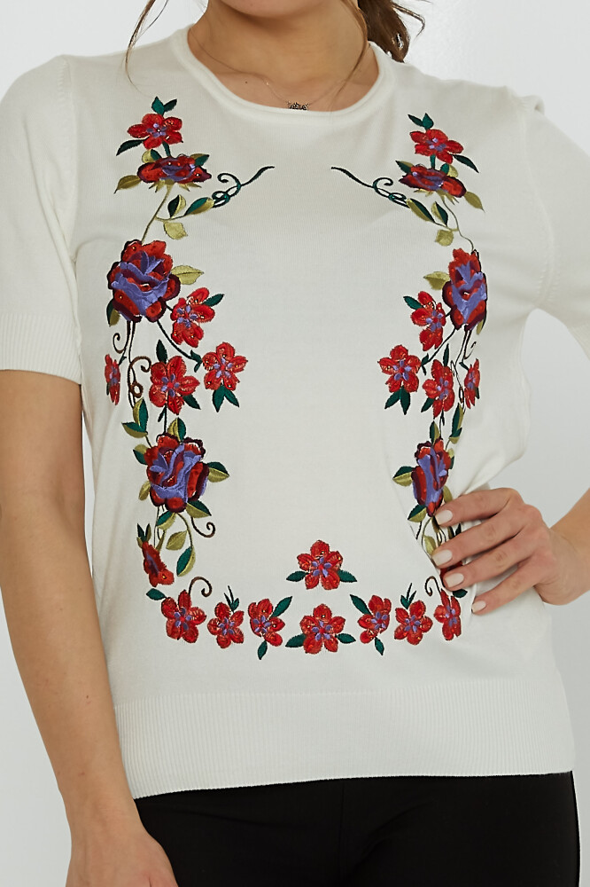 Triko Kazak Çiçek Nakışlı Ekru - 31728 | KAZEE (3'lü Set L-XL-2XL) - 3
