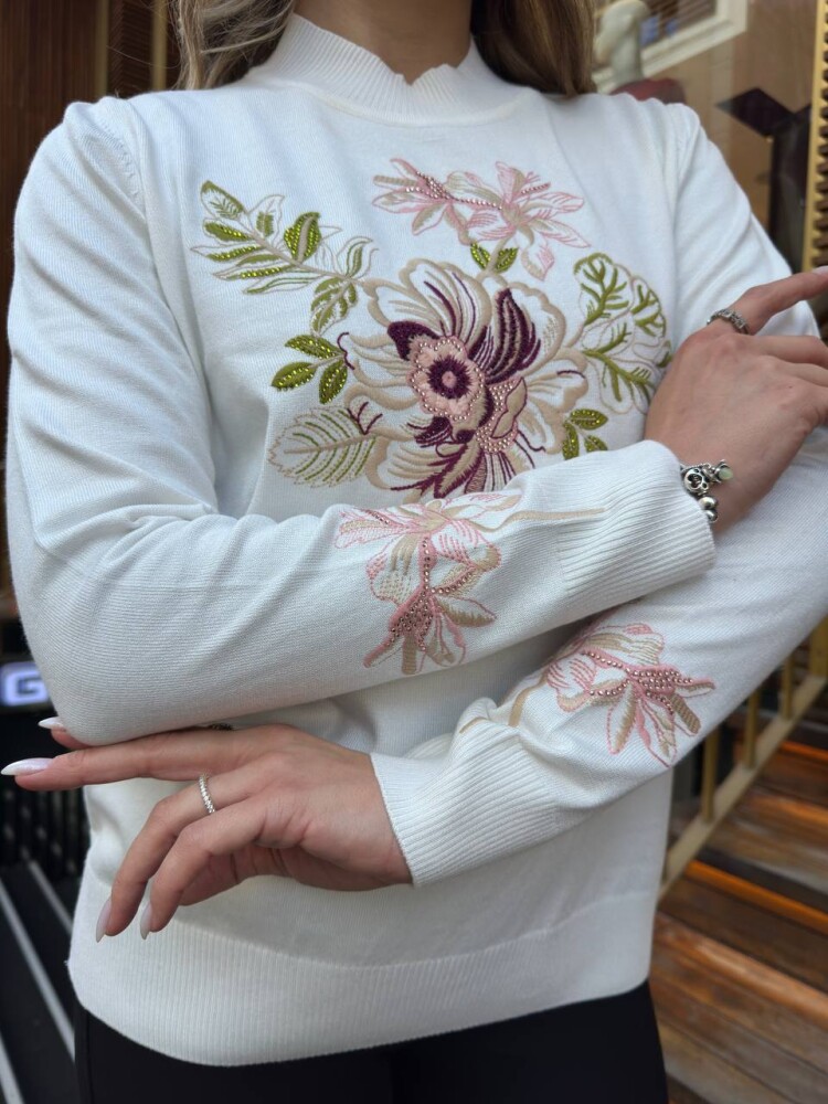 Triko Kazak Çiçek Nakışlı Ekru - 32088 | KAZEE (3'lü Set M-L-XL) - 5