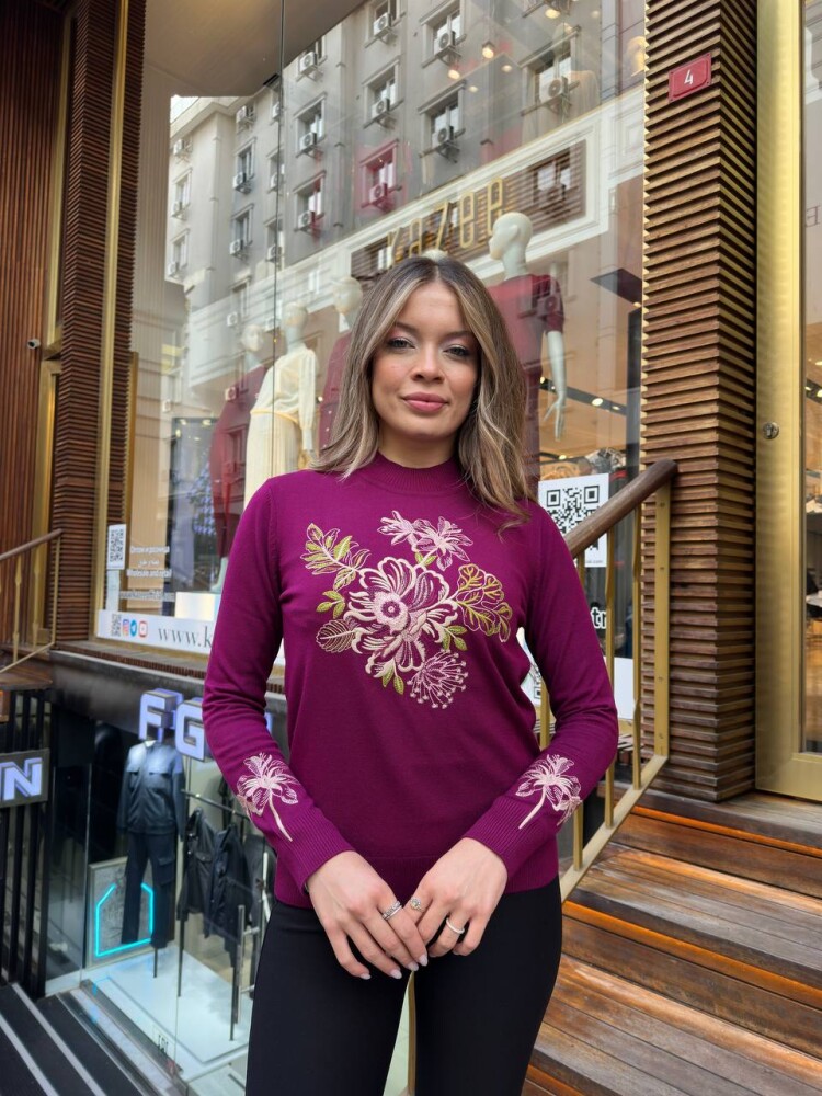 Triko Kazak Çiçek Nakışlı Fuşya - 32088 | KAZEE (3'lü Set M-L-XL) - 1
