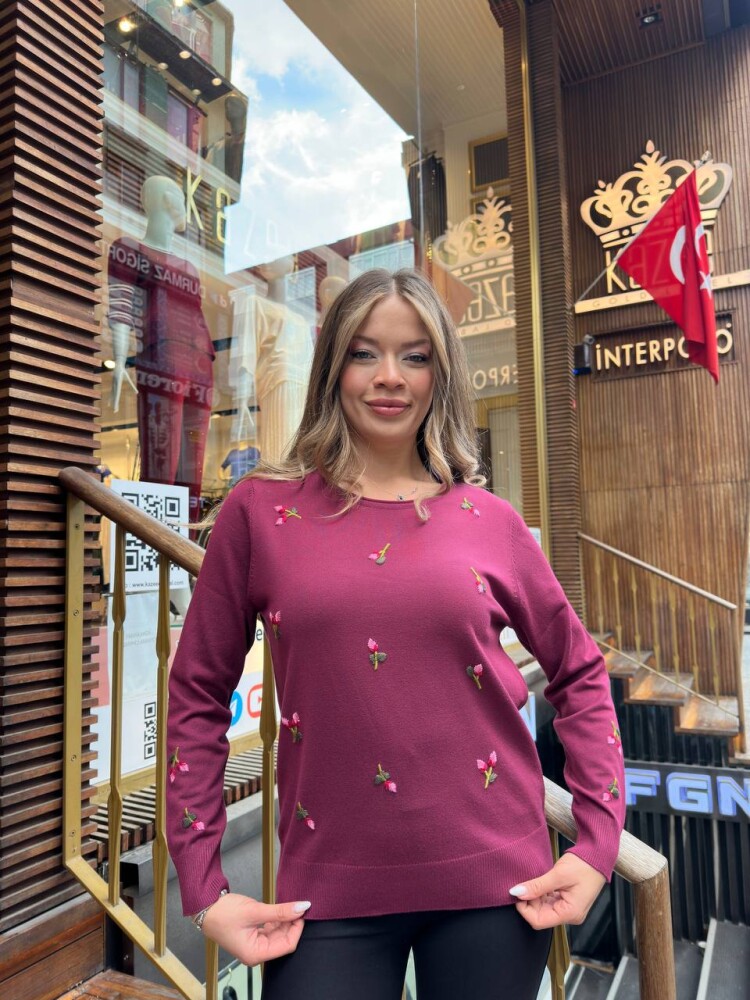 Triko Kazak Çiçek Nakışlı Fuşya - 32167 | KAZEE (3'lü Set S-M-L) - 3